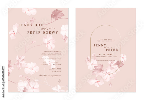Wedding invitation and save the date template set of elegant monochromatic pink Geranium Mavis Simpson flowers and leaves on a soft warm pink background
