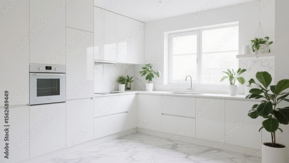 Fototapeta premium Modern minimalist kitchen with white cabinetry, marble flooring, and green plants