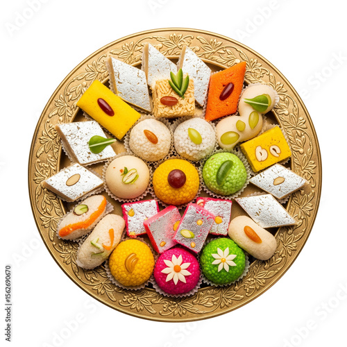 Assortment of colorful indian sweets arranged on a decorative golden plate