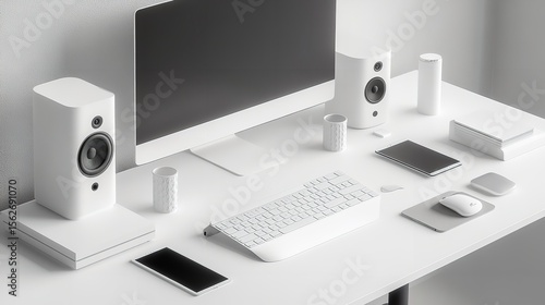 White desk setup with computer monitor keyboard speakers mouse and phone for minimalist workspace design