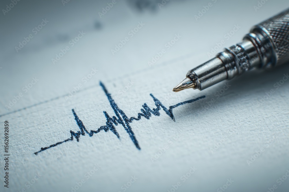 Fototapeta premium A close-up of a pen drawing a heartbeat or ECG line on textured paper, symbolizing life, health, and medical monitoring.