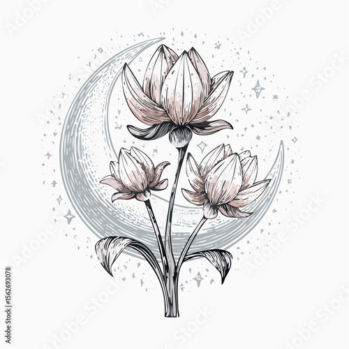 crescent- thalictrum bloom with pearly quartz dust and moonlit mineral shimmer across soft stems
