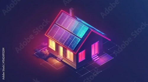 Illuminated house with solar panels.