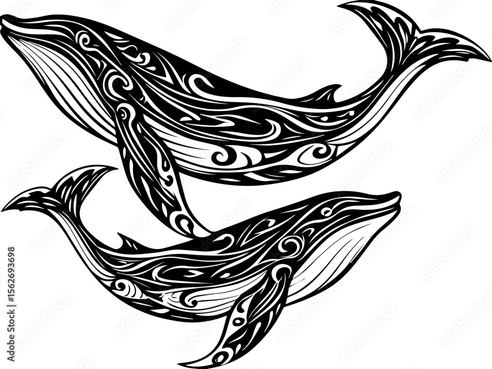 Fototapeta premium SVG illustrating a marine conservation sanctuary to protect ocean life. Artistic Black and White Illustration of Two Stylized Whales