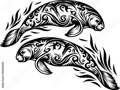 SVG illustrating a marine conservation sanctuary to protect ocean life. Ornamental Marine Life Tattoo Style with Decorative Manatees Design
