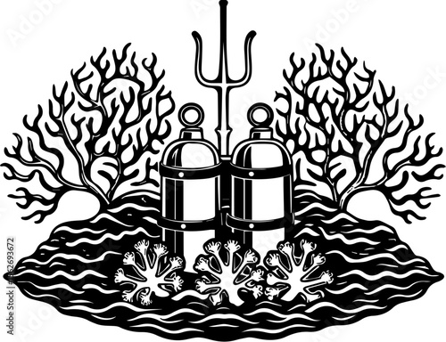 SVG illustrating a marine conservation sanctuary to protect ocean life. Underwater Diving Equipment with Coral and Sea Life Illustration