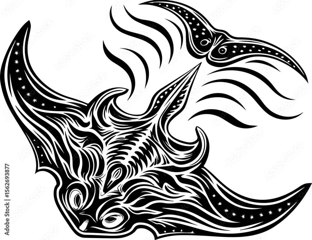 Obraz premium SVG illustrating a marine conservation sanctuary to protect ocean life. Detailed Black and White Illustration of a Stylized Stingray and Butterfly