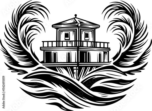 SVG illustrating a marine conservation sanctuary to protect ocean life. Vintage Style House Surrounded by Waves in Black and White Design