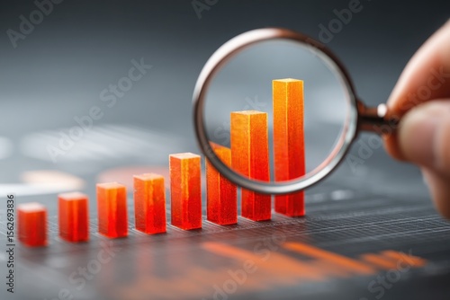 A magnifying glass focuses on an orange 3D bar chart showing rising data trends on a digital screen.