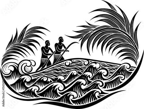 SVG illustrating a marine conservation sanctuary to protect ocean life. Traditional Fishing Scene with Two Fishermen and Ocean Waves