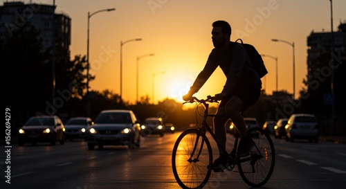 Silhouetted cyclist rides homeward at sunset, city lights blurring in the background.