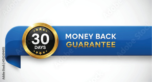 30 days money back guarantee emblem on blue ribbon banner