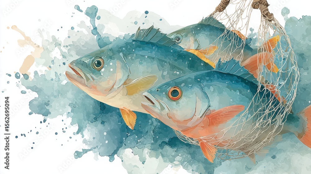 Fototapeta premium Three blue fish caught in a fishing net with a watercolor splash background.