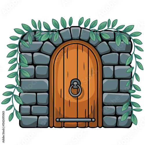 Stone wall with wooden gates vector illustration