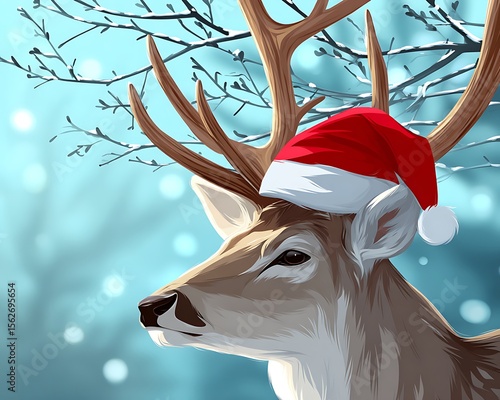 Deer in Santa hat, winter scene