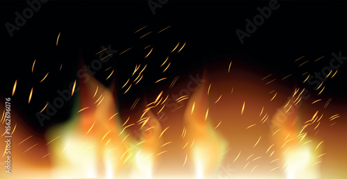 Realistic fire on a dark background - Vector illustration