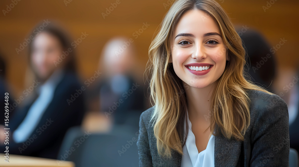 Young happy businesswoman attending a seminar in conference hall Generative AI
Young happy businesswoman attending a seminar in conference hall Generative AI