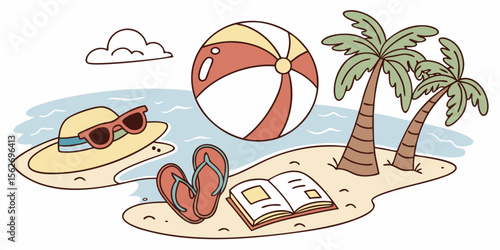 Tropical vector illustration of a summer beach set with palm trees, an umbrella, and ocean waves under a sunny sky, perfect for your next island vacation