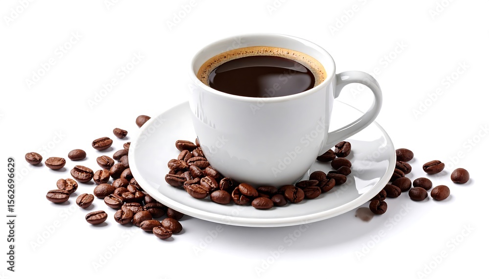 Freshly brewed coffee in a white cup with surrounded by roasted beans White background. Freshly brewed coffee in a white cup with surrounded by roasted beans White background.