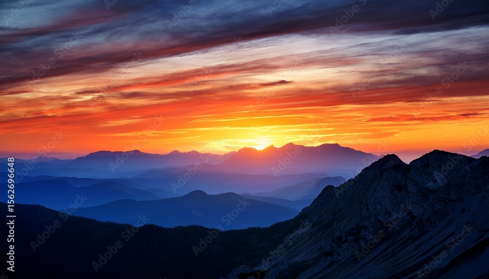 Fototapeta premium Mountain landscape silhouette at sunrise, dramatic sky colors
