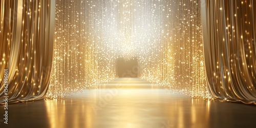 Golden and white party event backdrop with sparkling glitter, decorative lights from the stage floor, featuring light golden and white tones, hyper-realistic in 4k quality.