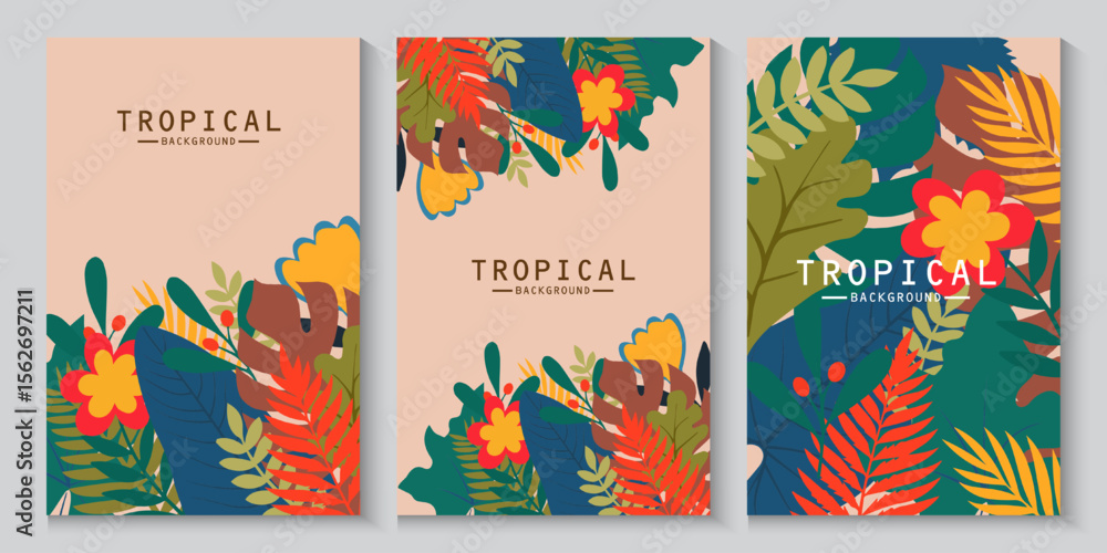 Fototapeta premium Tropical banners, poster, cards set with Creative compositions of colorful palm leaves and branches nature. Abstract botanical geometric design templates for, covers web in Flat style with copy space