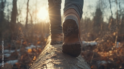 Person walking on a log in a forest at sunset.
