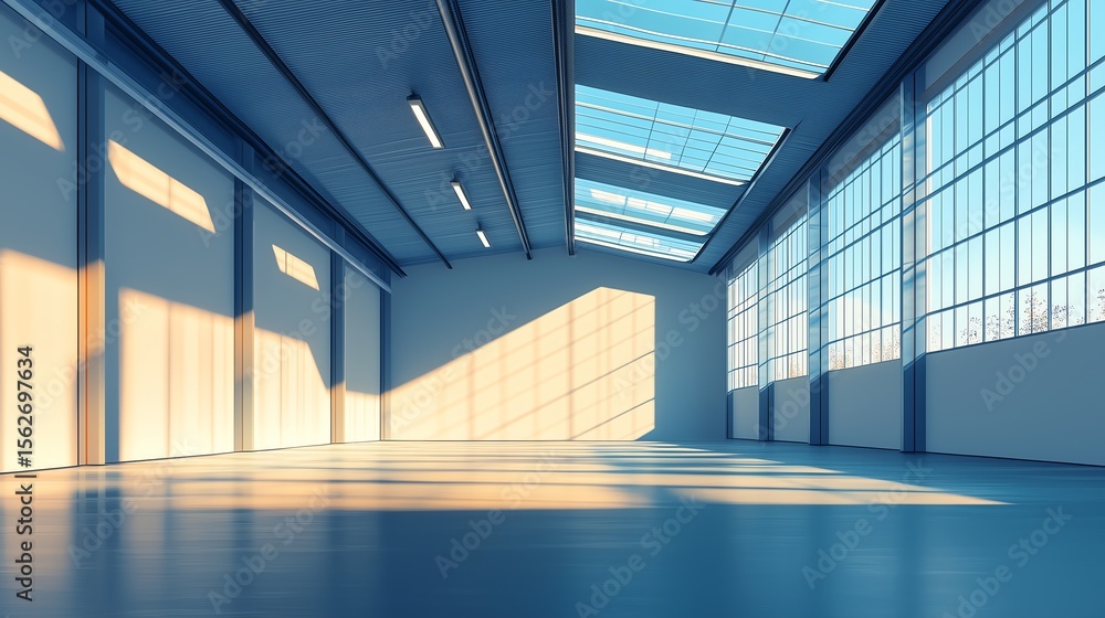 Fototapeta premium Flat vector illustration of an empty warehouse interior with soft natural lighting from skylights, featuring clean geometric lines and an open industrial space.