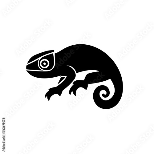 Solid black chameleon icon with curled tail and visible limbs used in reptile, nature, or animal themes.
