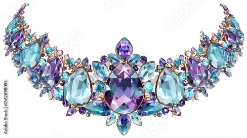 Isolated tiara with blue and purple gemstones on white, used for fashion or fantasy themes