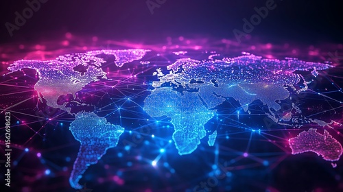 Glowing futuristic world map with interconnected logistics routes, minimalist design with holographic effect, blue and purple neon tones, offering a modern business logistics visualization.