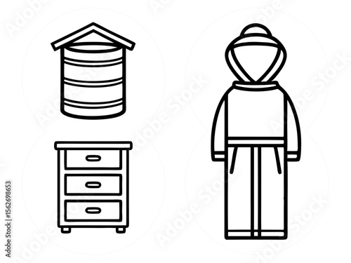 Simple line art icons of a beehive dresser and beekeeper suit