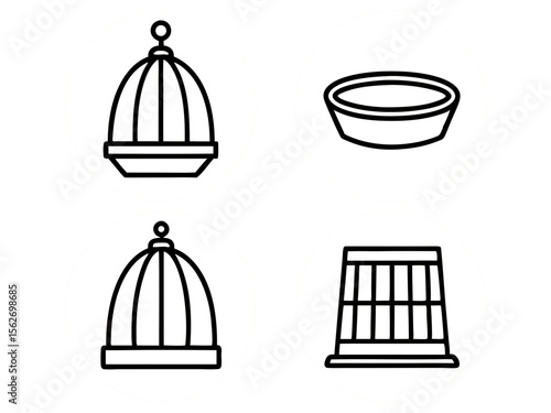 Collection of simple line art icons representing bird cages and a water dish