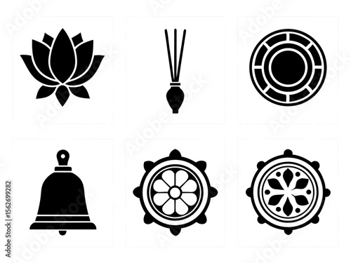 Collection of six black buddhist symbols on white background icons