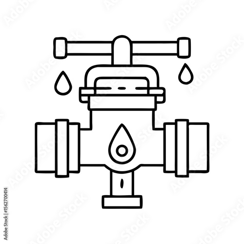 Water valve and pipe system with drop. Urban water supply and plumbing connection concept. Vector line icon for application, website, banner