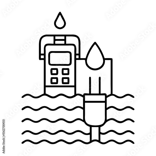 Water quality smart meter with sensor detecting liquid level. Urban water supply and purification concept. Vector outline icon