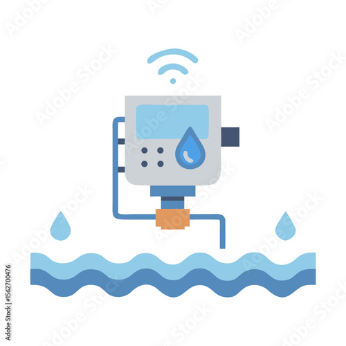 Smart water meter with wifi signal, water drops and waves. Urban water supply and smart home system concept. Vector flat illustration for banner, icon