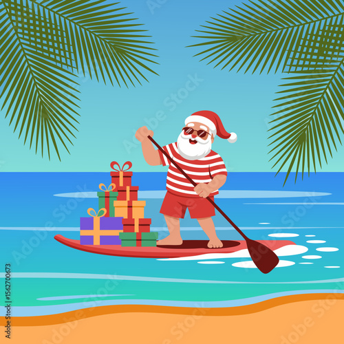 Santa enjoys a beach holiday, paddleboarding while delivering presents. Perfect for Christmasthemed designs, greeting cards, and tropical holiday advertisements.