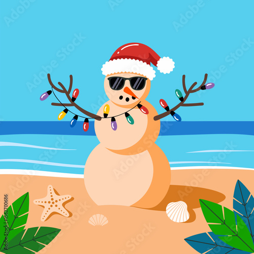 Santa beach vector featuring a snowman in sunglasses and a Santa hat on a tropical beach. Suitable for holiday designs.