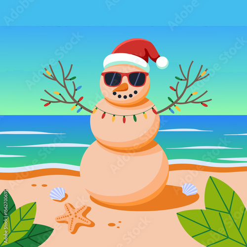 Santa beach vector featuring a snowman in sunglasses and a Santa hat on a tropical beach. Suitable for holiday designs.