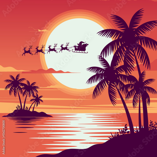 Santa beach vector with Santas sleigh over a tropical sunset island beach. Suitable for Christmasthemed designs, greeting cards, and holiday promotions.