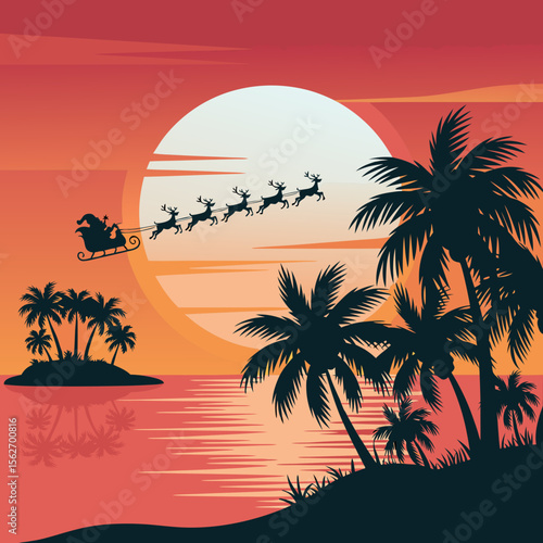 Santa beach vector with Santas sleigh over a tropical sunset island beach. Suitable for Christmasthemed designs, greeting cards, and holiday promotions.