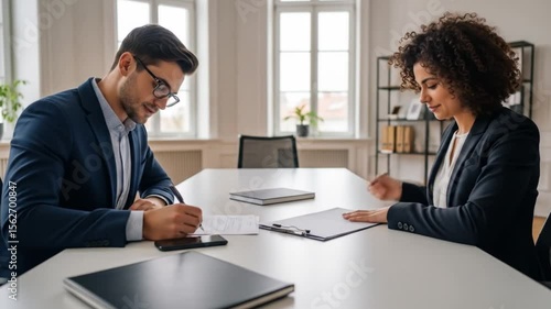 Wallpaper Mural Business Agreement: Man and Woman Signing Contracts at Office Table Torontodigital.ca