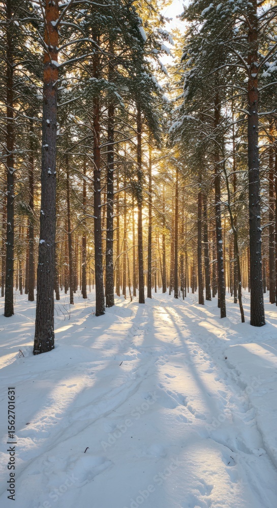 Snowy Forest Scene with Tall Pine Trees Sunlight Filtering Through Winter Landscape Snowy Forest Scene with Tall Pine Trees Sunlight Filtering Through Winter Landscape