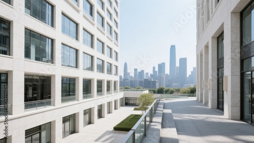 Modern architectural walkway with urban skyline in the background