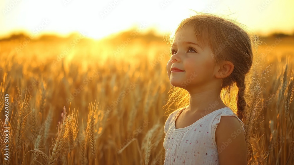 A young girl with braided hair standing in a golden wheat field at sunset, looking up and smiling. A young girl with braided hair standing in a golden wheat field at sunset, looking up and smiling.