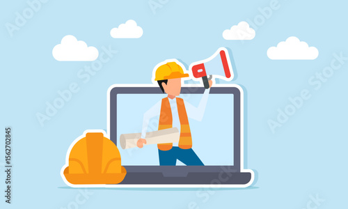 Engineer appearing from laptop screen near project helmet holding paperwork and megaphone illustration of online meeting for giving instructions about construction project