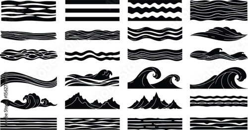 Diverse Water Wave Silhouettes: Abstract, Ocean, River, and Ripple Shapes for Nature, Nautical, and Fluid Design Elements.