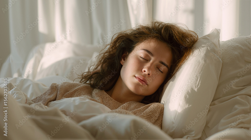 A woman with curly hair is sleeping peacefully in a bed with white sheets and a fluffy white pillow A woman with curly hair is sleeping peacefully in a bed with white sheets and a fluffy white pillow
