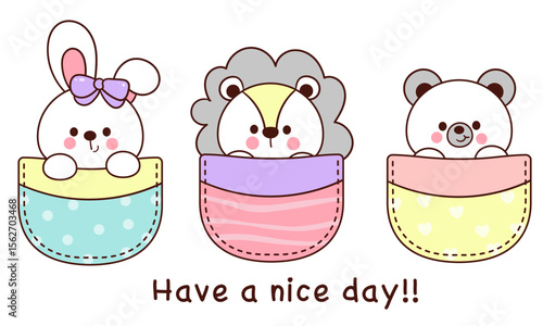 animal pocket lion bear and bunny rabbit kawaii doodle nursery kid t shirt